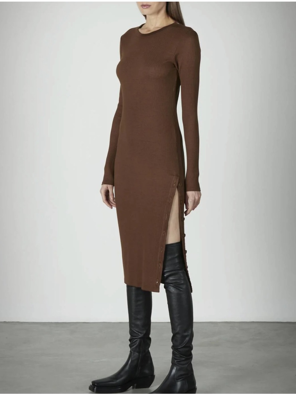 Enza Costa Ribbed Long-Sleeve Side-Slit Midi Dress